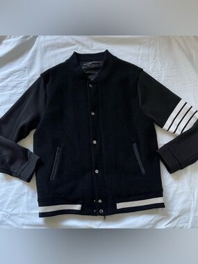 Zara Black Varsity Bomber Jacket with White Stripe Trim